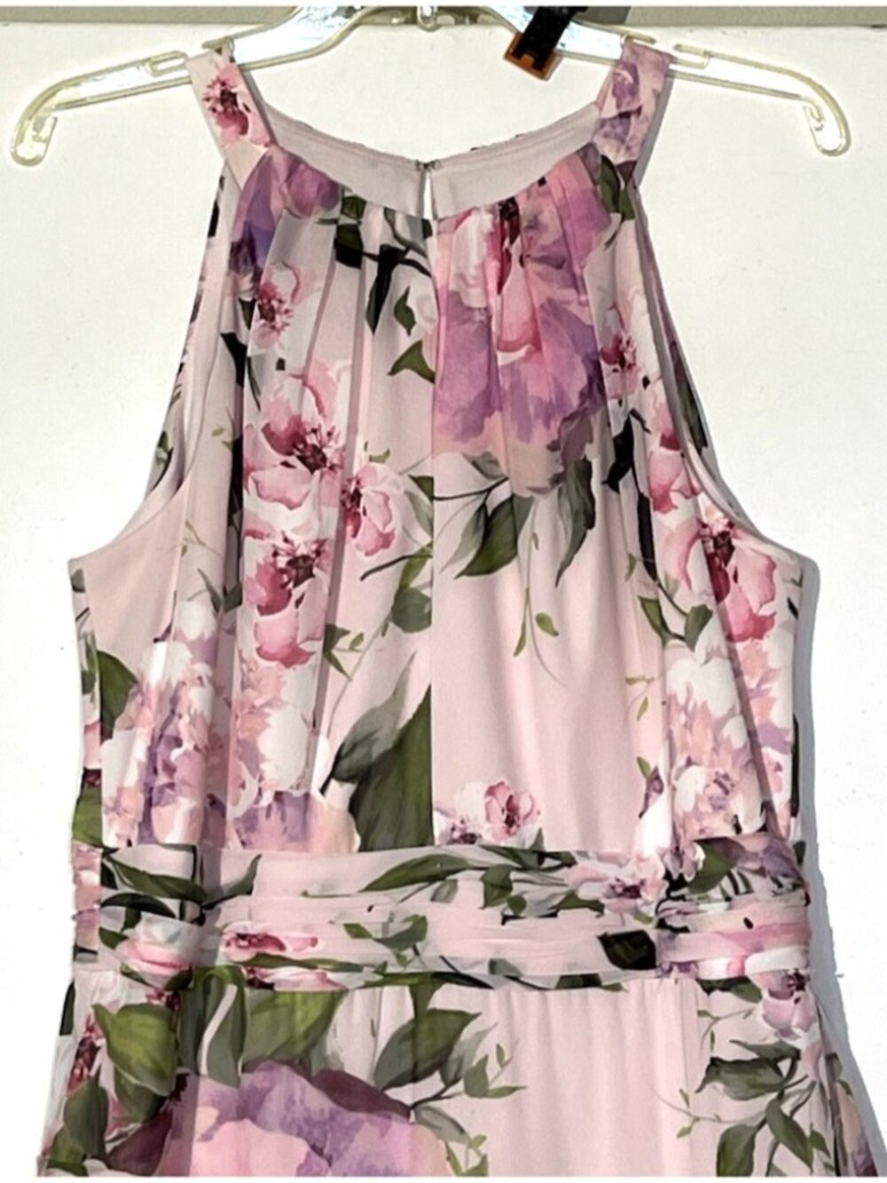 New Xscape Floral Pink Chiffon Halter Ruffled Prom Party Gown Maxi Dress - Picture 9 of 12